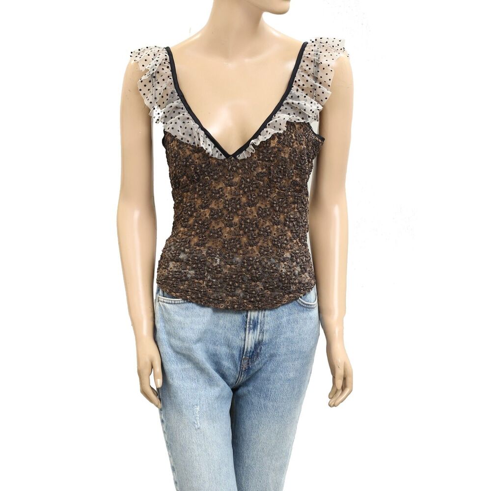 Free People Charlotte Tank Top Cropped Ruffle Mesh Sleeveless Sheer L 279043 - Picture 5 of 9